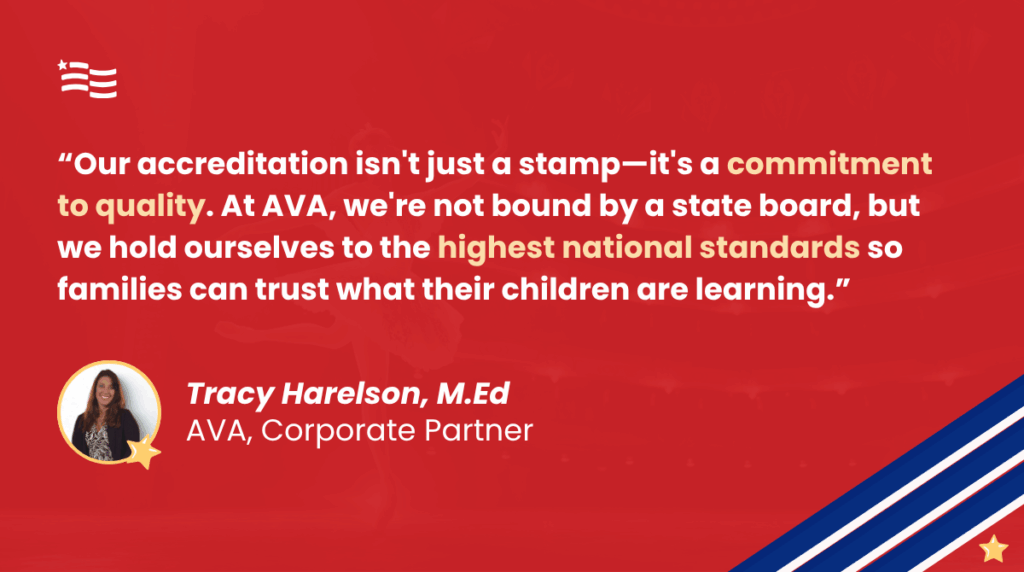 A red graphic featuring a quote from Tracy Harelson, M.Ed, Corporate Partner at American Virtual Academy (AVA). The quote emphasizes that AVA’s accreditation represents a commitment to quality and the highest national standards, assuring families they can trust what their children are learning.