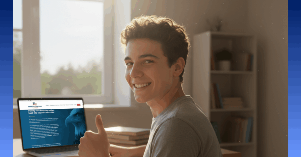 Smiling high school student giving thumbs up while using laptop with American Virtual Academy website.